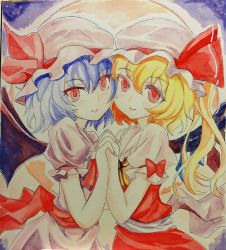 Rule 34 | 2girls, bat wings, blonde hair, blue hair, blush, cheek-to-cheek, flandre scarlet, holding hands, heads together, interlocked fingers, looking at viewer, multiple girls, puffy short sleeves, puffy sleeves, red eyes, remilia scarlet, scan, shikishi, short hair, short sleeves, siblings, side ponytail, sisters, touhou, traditional media, wings, yagami (mukage)