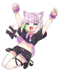 Rule 34 | 1girl, :d, absurdres, animal ears, black footwear, black shirt, black shorts, cat ears, cat girl, cat tail, colored inner hair, commission, crop top, cropped shirt, fang, green eyes, green hair, highres, indie virtual youtuber, medaka h2, multicolored hair, navel, open mouth, shirt, short hair, short shorts, short sleeves, shorts, shwaa, simple background, single thighhigh, skeb commission, skin fang, smile, stomach, tail, thighhighs, v-shaped eyebrows, virtual youtuber, white background, white thighhighs, wrist cuffs