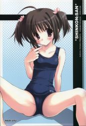 Rule 34 | 00s, 1girl, black hair, blue background, blue one-piece swimsuit, blush, brown eyes, female focus, one-piece swimsuit, ryouka (suzuya), school swimsuit, sitting, solo, spread legs, swimsuit, thighs, to heart (series), to heart 2, yuzuhara konomi