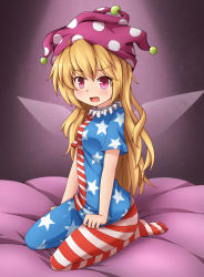 Rule 34 | 1girl, american flag dress, american flag legwear, american flag shirt, asymmetrical legwear, blonde hair, blush, clothes pull, clownpiece, fang, gradient background, hat, highres, jester cap, kaiyi, legacy of lunatic kingdom, looking at viewer, mismatched legwear, open mouth, pantyhose, red eyes, shirt pull, solo, striped clothes, striped pantyhose, touhou, wings