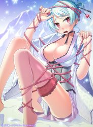 Rule 34 | 1girl, blue hair, breasts, cleavage, lace, lace-trimmed legwear, lace trim, large breasts, legs, long legs, original, red eyes, sakuya tsuitachi, short hair, single thighhigh, solo, tenka touitsu chronicle, thighhighs, thighs