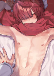 Rule 34 | 2boys, armpits, arms up, bed sheet, blunt bangs, blush, collarbone, commentary request, cowlick, cum, cum on body, cum on male, cum on stomach, english text, fate (series), fujimaru ritsuka (male), fuuma kotarou (fate), hair over one eye, highres, implied yaoi, long sleeves, looking away, male focus, multiple boys, navel, nipples, open mouth, pectorals, potti-p, pov, red eyes, red scarf, scarf, shadow, shiny skin, short hair, sidelocks, teeth, twitter username, upper body, upper teeth only, yaoi