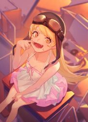 Rule 34 | 1girl, bakemonogatari, bare shoulders, blonde hair, breasts, doughnut, dress, fangs, food, food on face, goggles, goggles on head, helmet, highres, long hair, looking at viewer, monogatari (series), motorcycle helmet, mouth pull, open mouth, oshino shinobu, relayrl, sitting, small breasts, smile, solo, teeth, yellow eyes