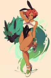 Rule 34 | 1girl, animal ears, arm behind head, arm up, artist name, asymmetrical bangs, bare arms, bare legs, bare shoulders, blue eyes, breasts, buttons, commentary, dark-skinned female, dark skin, detached collar, english commentary, eyes visible through hair, fake animal ears, full body, giovanna (guilty gear), guilty gear, guilty gear strive, high heels, highleg, highleg leotard, highres, large breasts, leotard, parted lips, pink lips, playboy bunny, puckered lips, rabbit ears, rabbit tail, red hair, rei (guilty gear), shoes, short hair, simple background, solo, squeezable (squeezabledraws), tail, wrist cuffs