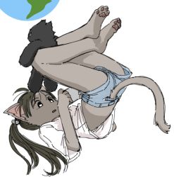 Rule 34 | 1girl, 3yo4yo5yo, animal ears, animal hands, ass, barefoot, between legs, blue shorts, brown eyes, brown hair, cat ears, cat girl, cat tail, cellphone, earth (planet), feet, furry, furry female, hair bobbles, hair ornament, highres, leg hold, legs, long hair, lying, on back, open mouth, original, phone, planet, shirt, short shorts, shorts, simple background, smartphone, solo, stuffed toy, tail, thighs, top-down bottom-up, twintails, white background, white shirt