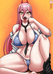 Rule 34 | + +, 1girl, bare shoulders, bikini, blue bikini, breasts, cameltoe, chainsaw man, cleft of venus, collarbone, covered erect nipples, fangs, hair between eyes, highres, horns, huge breasts, long hair, looking at viewer, navel, necktie, off shoulder, open mouth, orange background, pants around one leg, pink hair, power (chainsaw man), sharp teeth, shirt, sitting, solo, spread legs, swimsuit, takilmar, teeth, tongue, tongue out, white shirt, yellow eyes