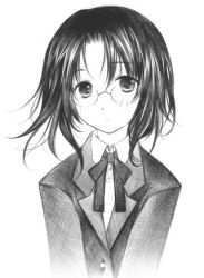 Rule 34 | 1girl, aoya minako, collared shirt, glasses, greyscale, lowres, monochrome, school uniform, serafuku, shirt, solo