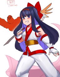 Rule 34 | 1girl, ainu clothes, blue eyes, blue hair, breasts, dated, fingerless gloves, gloves, hair ribbon, highres, legs, long hair, looking at viewer, mamahaha, medium breasts, nakoruru, open mouth, pants, ribbon, samurai spirits, smile, snk, the king of fighters, thighs, weapon