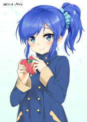 Rule 34 | 1girl, aikatsu!, aikatsu! (series), artist name, blue eyes, blue hair, blush, box, buttons, closed mouth, dated, double-breasted, gift, hair ornament, hair scrunchie, hands up, heart-shaped box, holding, holding gift, kiriya aoi, looking at viewer, mokyutan, ponytail, scrunchie, sidelocks, signature, smile, solo, upper body