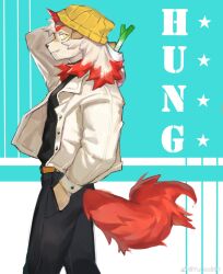 Rule 34 | 1boy, alternate costume, animal ears, arknights, beanie, brown fur, dog boy, dog ears, feet out of frame, from side, furry, furry male, hat, highres, horns, hung (arknights), male focus, sideways glance, single horn, solo, spring onion, standing, tiger boy, two-tone fur, white fur, yuuko (yuuko891)