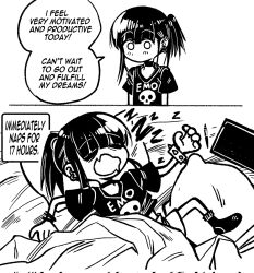 Rule 34 | 1girl, 2koma, blanket, choker, closed eyes, clothes writing, comic, corrupted twitter file, ear piercing, emo-girl (grs-), english text, goth fashion, greyscale, grs-, highres, jewelry, long hair, lying, medium hair, monochrome, multiple views, no mouth, on back, original, piercing, pillow, skull print, sleeping, socks, zzz