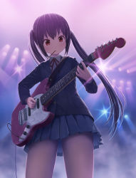 Rule 34 | 1girl, backlighting, black hair, blue jacket, blue skirt, blush, brown eyes, closed mouth, collared shirt, commentary request, cowboy shot, electric guitar, fog, food, food in mouth, from below, guitar, highres, holding, holding instrument, instrument, isou nagi, jacket, k-on!, long hair, long sleeves, looking at object, music, nakano azusa, neck ribbon, playing instrument, pleated skirt, pocky, red ribbon, ribbon, sakuragaoka high school uniform, school uniform, shirt, skirt, solo, stage lights, standing, twintails, uniform, white shirt