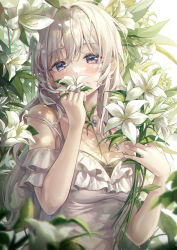 Rule 34 | 1girl, absurdres, aibek, bare shoulders, black bra, blurry, blurry foreground, blush, bra, breasts, cleavage, commentary, dress, flower, frilled dress, frills, grey hair, highres, holding, holding flower, jewelry, long hair, looking at viewer, medium breasts, off-shoulder dress, off shoulder, original, pendant, purple eyes, short sleeves, sidelocks, simple background, solo, strap slip, symbol-only commentary, underwear, unfinished, upper body, white background, white flower