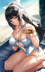 Rule 34 | 1girl, azur lane, black hair, blush, bow, breasts, brown eyes, casual one-piece swimsuit, cleavage, criss-cross halter, day, flower, hair bow, hair flower, hair ornament, halterneck, highres, large breasts, long hair, looking at viewer, lotion, nicky w, one-piece swimsuit, outdoors, ponytail, pouring, pouring onto self, sitting, solo, swimsuit, takao (azur lane), takao (beach rhapsody) (azur lane), thighs, very long hair, wariza, wet, white bow, white one-piece swimsuit