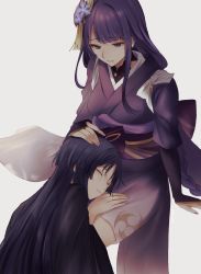 Rule 34 | 1boy, 1girl, arm support, black hair, black jacket, blunt bangs, braid, bridal gauntlets, closed eyes, closed mouth, crying, dfuma pqr, flower, genshin impact, hair flower, hair ornament, hand on another&#039;s head, hand up, haori, highres, jacket, japanese clothes, kimono, lap pillow, long hair, long sleeves, looking at another, looking down, low-braided long hair, low-tied long hair, mole, mole under eye, obi, parted bangs, purple eyes, purple flower, purple hair, purple kimono, purple sash, raiden shogun, sash, scaramouche (genshin impact), sidelocks, single braid, sitting, tassel, tears, very long hair, white background