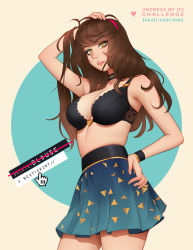 Rule 34 | 1girl, absurdres, black bra, black choker, blue skirt, bra, breasts, brown eyes, brown hair, choker, cleavage, cursor, english text, hairband, hand in own hair, hand on own hip, high-waist skirt, highres, large breasts, lips, long hair, looking at viewer, mea koenig, messy hair, cursor, original, parted lips, pink hairband, skindentation, skirt, solo, standing, stomach, tsuaii, underwear, watermark, web address, wristband