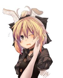 Rule 34 | 1girl, antennae, blonde hair, blush, bow, brown eyes, female focus, flying sweatdrops, hair bow, hand on another&#039;s cheek, hand on another&#039;s face, hati105, highres, htm (gixig), kurodani yamame, open mouth, pov, recolored, short hair, solo, solo focus, sweatdrop, touhou, wince