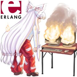 Rule 34 | 1girl, brown footwear, burning, closed mouth, commentary, computer, computer tower, crt, desk, english commentary, erlang, fire, from behind, fujiwara no mokou, full body, highres, keyboard (computer), leaning forward, long hair, long sleeves, looking at viewer, looking back, monitor, mouse (computer), pants, profitshame, red eyes, red pants, shirt, shoes, simple background, solo, standing, suspenders, touhou, very long hair, white background, white hair, white shirt