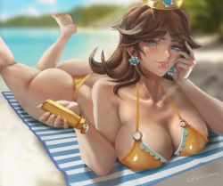 Rule 34 | 1girl, absurdres, artist name, ass, beach, bikini, blue eyes, blue sky, blurry, blurry background, breasts, brown hair, cleavage, collarbone, crown, day, earrings, eyebrows, eyelashes, feet, feet up, female focus, fingernails, flower earrings, freckles, hand on own face, highres, jewelry, large breasts, lips, long hair, lotion, lying, mario (series), nintendo, o-ring, o-ring bikini, on stomach, oscuroii, outdoors, princess daisy, sand, sky, solo, sunscreen, super mario land, swimsuit, toes, tongue, tongue out, towel, water