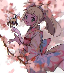 Rule 34 | 1girl, :d, anzu (01010611), bad id, bad twitter id, blonde hair, blush, bow, branch, commentary request, creatures (company), eyelashes, floral print, game freak, gen 7 pokemon, green eyes, hair ornament, hands up, highres, japanese clothes, kimono, lillie (new year&#039;s 2021) (pokemon), lillie (pokemon), long hair, looking to the side, nintendo, official alternate costume, open mouth, pokemon, pokemon (creature), pokemon masters ex, ponytail, ribombee, sketch, smile, tongue, wide sleeves, yellow kimono