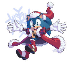 Rule 34 | 1boy, artist name, blue fur, boots, chest belt, christmas, coat, evan stanley, gloves, green eyes, hat, highres, leather, leather belt, looking at viewer, male focus, open mouth, outstretched arms, pointy nose, santa costume, santa hat, smile, snowflakes, solo, sonic (series), sonic the hedgehog, spread arms, teeth, tongue