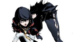 Rule 34 | arched back, back cutout, bayonetta, bayonetta (series), bayonetta 3, black eyes, black hair, black leggings, clothing cutout, commentary, crossed arms, earrings, english commentary, flexible, glasses, gloves, highres, jewelry, kuno (runkunochan), leggings, long hair, looking at viewer, mole, mole under mouth, multicolored hair, red hair, red lips, simple background, sketch, streaked hair, two-tone hair, white background, white gloves