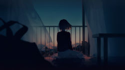 Rule 34 | 1girl, backlighting, blurry, cityscape, cloud, commentary request, curtains, dark, depth of field, from behind, highres, looking afar, original, rella, short hair, sitting, solo, star (sky), wind