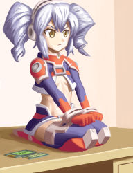 Rule 34 | 1girl, absurdres, android, breasts, circuit board, crop top, disc (needless), drawfag, drill hair, elbow gloves, english text, gloves, hands on own knees, headphones, highres, long hair, midriff, needless, on table, seiza, shoulder pads, silver hair, sitting, small breasts, solo, table, thighhighs, twin drills, twintails, yellow eyes, zettai ryouiki