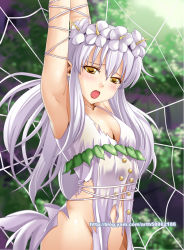 Rule 34 | 1girl, armpits, arms up, blush, bound, breasts, cleavage, dress, elf, flower, ge xi, hair flower, hair ornament, head wreath, long hair, navel, no panties, open mouth, orange eyes, original, pointy ears, silk, solo, spider web, tied up (nonsexual), torn clothes, torn dress, watermark, web address, white hair, yellow eyes