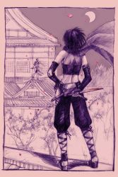 Rule 34 | 2girls, ayame, ayame (tenchuu), bare shoulders, blood, bloody weapon, cherry blossoms, crescent moon, crop top, crossover, dagger, dead or alive, elbow gloves, elbow pads, gloves, graphite (medium), hip vent, kasumi (doa), knife, midriff, monochrome, moogie (shinjyu), moon, multiple girls, ninja, pelvic curtain, petals, reverse grip, rooftop, scarf, sketch, sleeveless, tenchu, tenchuu, traditional media, weapon
