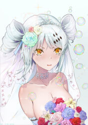 Rule 34 | 1girl, absurdres, blue flower, blue rose, blush, bouquet, breasts, bridal veil, bride, cleavage, commentary request, dress, drill hair, flower, for-miku, green flower, grey hair, hair flower, hair ornament, highres, holding, holding bouquet, karenina: ember (punishing: gray raven), karenina (punishing: gray raven), large breasts, orange eyes, parted lips, pink flower, pink rose, punishing: gray raven, purple flower, purple rose, rose, sidelocks, solo, tiara, twin drills, veil, wedding dress, yellow flower, yellow rose
