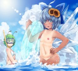 Rule 34 | 2girls, ahoge, antennae, b.d, bikini, blue bow, blue eyes, blue hair, bow, breasts, cirno, closed mouth, collarbone, day, diving mask, diving mask on eyes, flower, goggles, graphite (medium), hair bow, hair flower, hair ornament, hand on own hip, hand up, highres, holding, ice, ice wings, innertube, looking at another, looking at viewer, mechanical pencil, multiple girls, navel, nipples, nude, one-piece tan, open mouth, outdoors, pencil, public indecency, public nudity, short hair, small breasts, snorkel, standing, stomach, sun, sunflower, sunflower hair ornament, swim ring, swimsuit, tan, tanline, tanned cirno, touhou, traditional media, upper body, water, wet, wings, wriggle nightbug