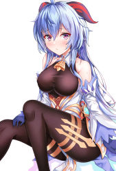 Rule 34 | 1girl, absurdres, ahoge, bell, black pantyhose, blue gloves, blue hair, blush, breasts, closed mouth, cowbell, detached sleeves, ganyu (genshin impact), genshin impact, gloves, goat horns, hair between eyes, highres, horns, huge filesize, long hair, looking at viewer, medium breasts, neon (hhs9444), pantyhose, purple eyes, simple background, solo, white background