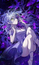 Rule 34 | 1girl, absurdres, black background, chocolate4170615, crying, crying with eyes open, dress, gem, green eyes, highres, one eye covered, original, purple gemstone, purple hair, short dress, solo, star (symbol), starry background, tears, thighs, wavy hair, yellow eyes
