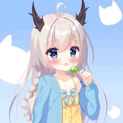 Rule 34 | 1girl, :o, ahoge, blue background, blue eyes, candy, character request, child, copyright request, dot nose, fengshen chino, food, hair between eyes, holding, solo, tagme, white hair