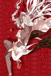 Rule 34 | 1girl, apple, bare back, braid, commentary request, dark skin, dark-skinned female, dress, fate/grand order, fate (series), food, fruit, headpiece, high heels, highres, lakshmibai (fate), long hair, looking at viewer, orange eyes, lakshmibai (queen&#039;s dream) (fate), red background, sakuramochi1003, solo, twin braids, two-sided fabric, two-sided skirt, very long hair, white dress, white hair