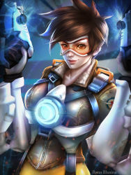 Rule 34 | 1girl, absurdres, artist name, brown hair, earrings, gun, highres, jewelry, mask, overwatch, overwatch 1, rena illusion, short hair, smile, solo, tracer (overwatch), weapon