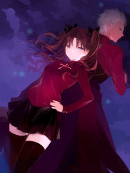 Rule 34 | 1boy, 1girl, archer (fate), back-to-back, black thighhighs, blue eyes, brown hair, fate/stay night, fate (series), gradient background, hair ribbon, hand on own hip, long sleeves, looking at viewer, lpip, ribbon, silver hair, skirt, thighhighs, tohsaka rin, two side up, zettai ryouiki