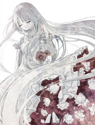 Rule 34 | 1girl, closed eyes, closed mouth, dress, flower, frilled dress, frills, grey hair, hand up, highres, long hair, long sleeves, original, oseto (oxxsexxto), painting (medium), pale skin, red flower, simple background, smile, solo, traditional media, very long hair, watercolor (medium), white background, white dress