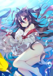 Rule 34 | + +, 1girl, air bubble, antenna hair, ass, azur lane, bare shoulders, barefoot, black hair, blurry, bubble, carrying, choker, closed mouth, collarbone, commentary request, creature, cross, day, depth of field, fish, floating hair, freediving, frills, hair between eyes, i-168 (azur lane), kurot, long hair, long sleeves, looking at viewer, one-piece swimsuit, red eyes, see-through, sidelocks, sleeves past fingers, sleeves past wrists, solo, swimsuit, thighs, two side up, underwater, very long hair, water, white one-piece swimsuit