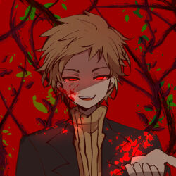 Rule 34 | 1boy, atou haruki, black jacket, blonde hair, blood, blood on clothes, blood on face, branch, fang, jacket, lark ruby, looking at viewer, male focus, open mouth, outstretched hand, red background, red eyes, saibou shinkyoku, short bangs, short hair, smile, solo, sweater, tree, turtleneck, turtleneck sweater, yellow sweater