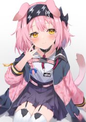 Rule 34 | absurdres, animal ears, arknights, belt, black bow, black coat, black hairband, black skirt, blue ribbon, blush, bow, braid, cat ears, cat girl, cat tail, closed mouth, coat, garter straps, goldenglow (arknights), hair bow, hair ribbon, hairband, high-waist skirt, highres, id card, lightning bolt print, long hair, long sleeves, looking at viewer, open clothes, open coat, pink coat, pink hair, ribbon, shirt, side braid, simple background, skirt, smile, sutei (arece15), tail, thighhighs, white background, white shirt, white thighhighs, yellow eyes, zettai ryouiki