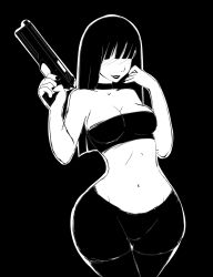 Rule 34 | 1girl, ass, ass focus, black hair, breasts, choker, curvy, female focus, gun, highres, holding, holding gun, holding weapon, long hair, looking at viewer, medium breasts, original, pants, sketch, solo, strapless, thick thighs, thighs, tight clothes, tube top, weapon, wide hips, zonen404