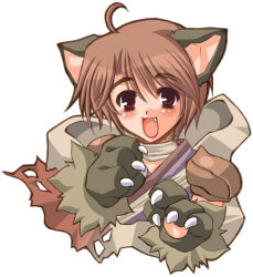 1boy :d ahoge animal_ears animal_hands armor assassin_(ragnarok_online) bandaged_neck bandages brown_armor brown_hair cat_ears cat_paws fang hair_between_eyes hakoiri_nyanko male_focus open_mouth ragnarok_online red_eyes short_hair shoulder_armor simple_background smile solo upper_body white_background