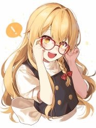 Rule 34 | !, 1girl, apron, artist name, black dress, blonde hair, blush, bow, braid, buttons, dress, glasses, hair between eyes, hair bow, hands up, highres, jill 07km, kirisame marisa, long hair, looking at viewer, no headwear, open mouth, puffy short sleeves, puffy sleeves, red bow, shirt, short sleeves, single braid, sky, smile, solo, star (sky), star (symbol), starry sky, touhou, white apron, white background, white bow, white shirt, white sleeves, yellow eyes