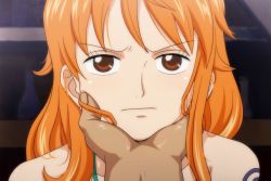 Rule 34 | 1boy, 1girl, bare shoulders, brown eyes, closed mouth, collarbone, earrings, eyebrows, fukuro ooji, grabbing another&#039;s chin, hair over shoulder, hand on another&#039;s chin, indoors, jewelry, long hair, looking at viewer, nami (one piece), nose, nostrils, one piece, orange hair, portrait, serious, shoulder tattoo, sidelocks, simple background, tattoo, upper body