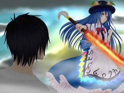 Rule 34 | 1boy, 1girl, black hair, blue hair, bow, bowtie, breasts, buttons, clenched hand, collared shirt, fighting stance, fire, flaming sword, flaming weapon, food, frills, fruit, hat, highres, hinanawi tenshi, holding, holding weapon, long hair, outstretched arm, peach, pleated skirt, red eyes, serious, shirt, short hair, skirt, skypyoro, small breasts, standing, sword, tassel, touhou, very long hair, weapon