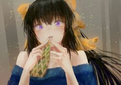 Rule 34 | 1girl, bare shoulders, black hair, blue dress, bow, commentary, confetti, dress, english commentary, hair bow, happy birthday, jewelry, long hair, looking at viewer, mouth hold, nail polish, noccu, noihara himari, off-shoulder dress, off shoulder, omamori himari, orange bow, party whistle, ponytail, purple eyes, ring, solo, wedding ring