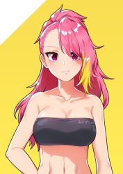 Rule 34 | 1girl, abs, bare shoulders, blonde hair, blush, breasts, cleavage, collarbone, commentary, halftone, highres, idolmaster, idolmaster million live!, large breasts, looking at viewer, maihama ayumu, multicolored hair, pink eyes, pink hair, ponytail, sleeveless, smile, smirk, solo, strapless, streaked hair, takahashi umori, tube top, upper body, yellow background