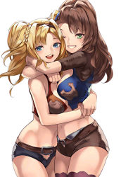 Rule 34 | 10s, 2girls, :d, arms around neck, arms around waist, beatrix (granblue fantasy), bikini, black shorts, blonde hair, blue eyes, blush, braid, breasts, brown hair, brown shorts, cowboy shot, crop top, eredhen, granblue fantasy, green eyes, grin, hair intakes, hair ornament, hairband, highres, hug, large breasts, long hair, looking at viewer, midriff, multiple girls, navel, one eye closed, open fly, open mouth, own hands together, ponytail, short shorts, short sleeves, shorts, simple background, sleeveless, smile, stomach, swimsuit, twintails, white background, zeta (granblue fantasy)
